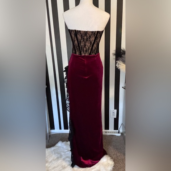 Wine and Black Lace and Velvet High Slit Maxi Dress - NWT - Picture 6 of 9